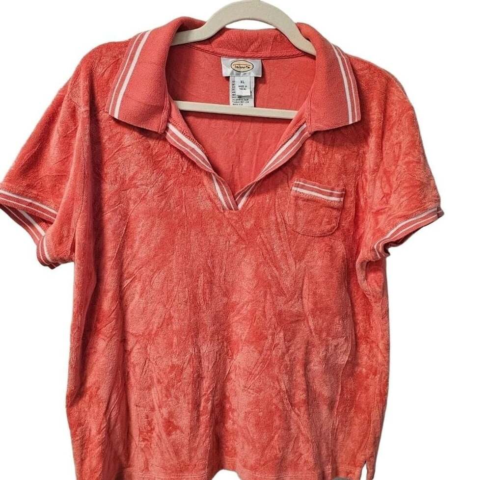 Talbots XL Coral Terry Cloth Polo Top Striped Coastal Preppy Retro Resort